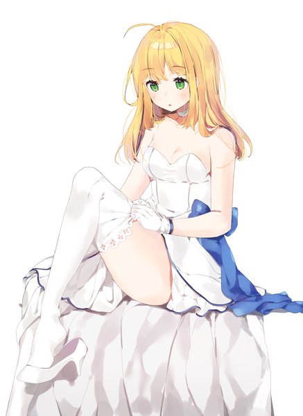 Anime picture 1000x1370 with fate (series) fate/stay night artoria pendragon (all) saber ongyageum single long hair tall image blush fringe breasts open mouth blonde hair simple background hair between eyes white background sitting bare shoulders green eyes looking away