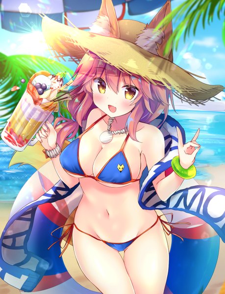 Anime picture 1126x1470 with fate (series) fate/grand order tamamo (fate) (all) tamamo no mae (swimsuit lancer) (fate) masayo (gin no ame) single long hair tall image looking at viewer blush fringe breasts open mouth light erotic smile hair between eyes large breasts standing bare shoulders holding