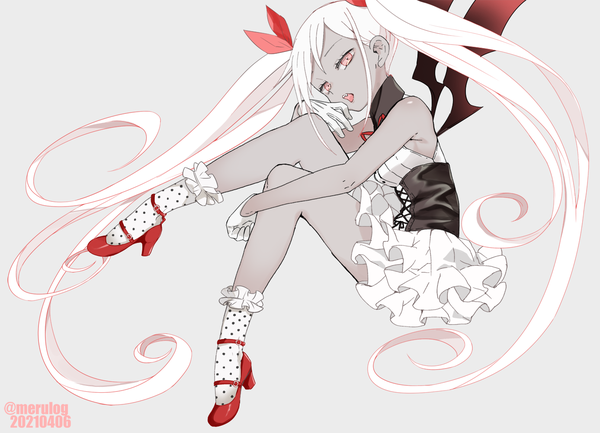 Anime picture 1387x1000 with original merueto single looking at viewer simple background red eyes twintails signed full body white hair very long hair grey background high heels twitter username polka dot grey skin girl dress gloves wings