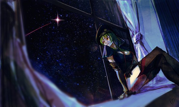 Anime picture 1160x696 with star driver watanabe kanako ttl single long hair smile wide image sitting brown eyes signed green hair night night sky crossed legs shooting star girl thighhighs gloves black gloves elbow gloves