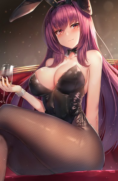 Anime picture 922x1416 with fate (series) fate/grand order scathach (fate) (all) scathach (fate) motokonut single long hair tall image looking at viewer blush fringe breasts light erotic hair between eyes red eyes large breasts sitting bare shoulders holding animal ears