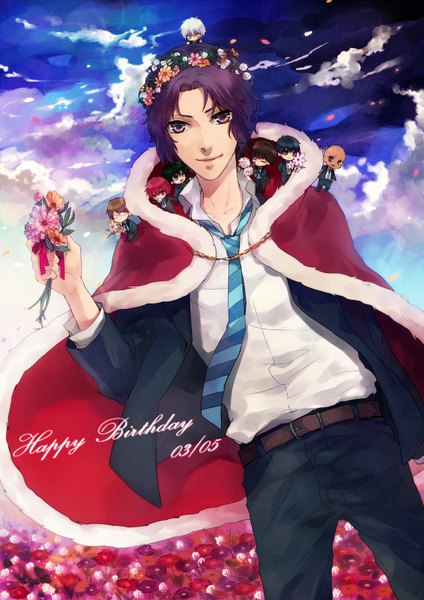 Anime picture 1132x1600 with prince of tennis yukimura seiichi niou masaharu marui bunta yagyuu hiroshi kirihara akaya sanada genichiroh yanagi renji kuwahara jackal otsuki (artist) tall image short hair brown hair purple eyes blue hair purple hair cloud (clouds) white hair red hair hair flower