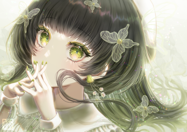 Anime picture 4093x2894 with original yuubarish single long hair looking at viewer blush fringe highres black hair green eyes signed payot absurdres blunt bangs long sleeves nail polish fingernails face eyeshadow covered mouth
