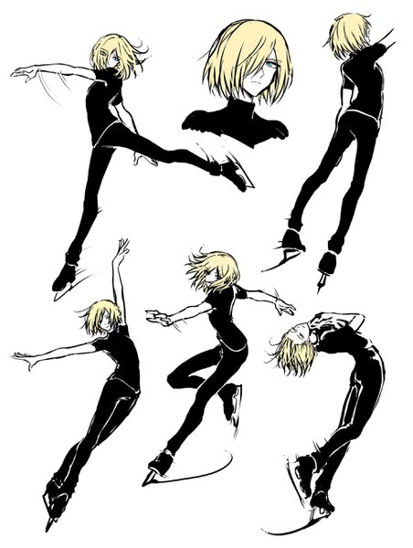 Anime picture 2000x2656 with yuri!!! on ice mappa yuri plisetsky kurasaki ken tall image fringe highres short hair blue eyes blonde hair simple background white background hair over one eye spread arms arched back sketch multiple persona figure skating boy skates