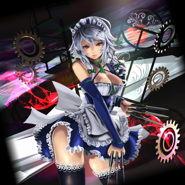 Anime picture 3000x3000 with touhou izayoi sakuya coppelia (futamine) highres short hair breasts light erotic red eyes cleavage braid (braids) grey hair maid twin braids girl thighhighs weapon black thighhighs detached sleeves headdress maid headdress