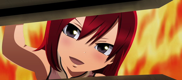 Anime picture 4170x1848 with fairy tail erza scarlet lworldchiefl single blush highres short hair open mouth smile wide image red hair grey eyes coloring girl fire