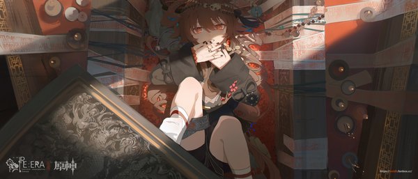 Anime picture 3360x1440 with genshin impact hu tao (genshin impact) void 0 (artist) single looking at viewer fringe highres smile hair between eyes brown hair wide image twintails signed bent knee (knees) indoors lying long sleeves very long hair nail polish wide sleeves