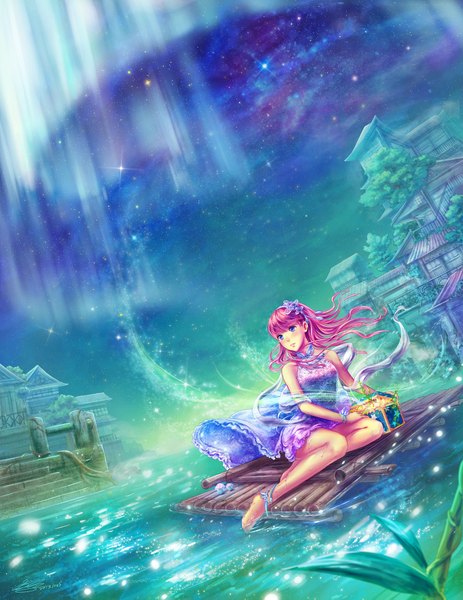 Anime picture 1500x1941 with 1991 (blz) long hair tall image blush fringe open mouth sitting purple eyes bare shoulders pink hair sky barefoot landscape aurora borealis girl dress hair ornament flower (flowers) water bracelet
