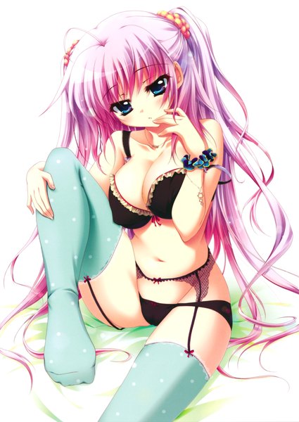 Anime picture 2841x4011 with izumi tsubasu single long hair tall image blush highres blue eyes light erotic simple background white background bare shoulders pink hair cleavage underwear only girl thighhighs navel underwear panties lingerie