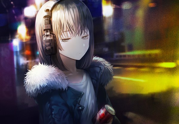 Anime picture 1300x901 with original tlla (artist) single looking at viewer fringe short hair hair between eyes brown hair upper body parted lips mole open jacket depth of field fur trim mole under eye silver eyes city lights girl jacket headphones