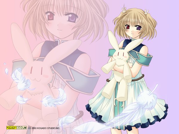 Anime picture 1024x768 with angelic serenade lasty farson naruse chisato short hair blue eyes blonde hair red eyes brown hair wallpaper heterochromia zoom layer dress toy feather (feathers) stuffed animal bunny