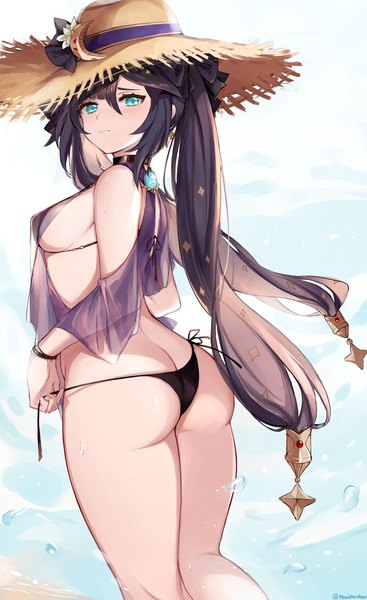 Anime picture 2733x4469 with genshin impact mona megistus mandytanaka13 single long hair tall image looking at viewer blush fringe highres breasts light erotic black hair smile hair between eyes large breasts standing twintails signed payot