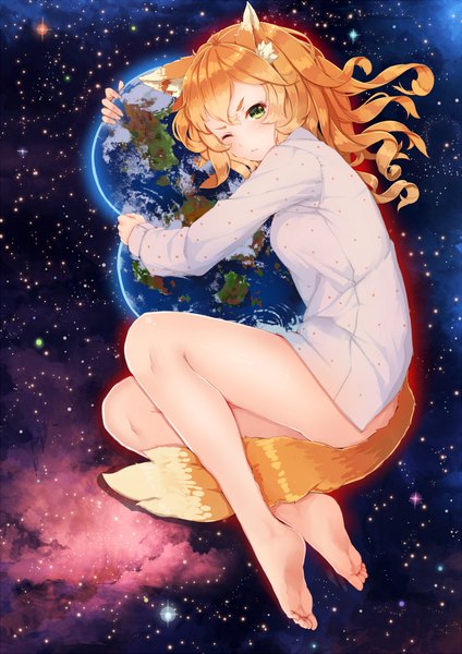 Anime picture 1500x2121 with original fangxiang cuoluan single long hair tall image looking at viewer blush light erotic green eyes animal ears tail animal tail one eye closed barefoot censored wink orange hair bare legs no panties convenient censoring
