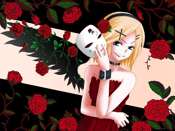 Anime picture 1600x1200 with vocaloid kagamine rin tagme (artist) blue eyes blonde hair smile hair flower girl hair ornament flower (flowers) bracelet rose (roses) bobby pin mask collar red rose thorns
