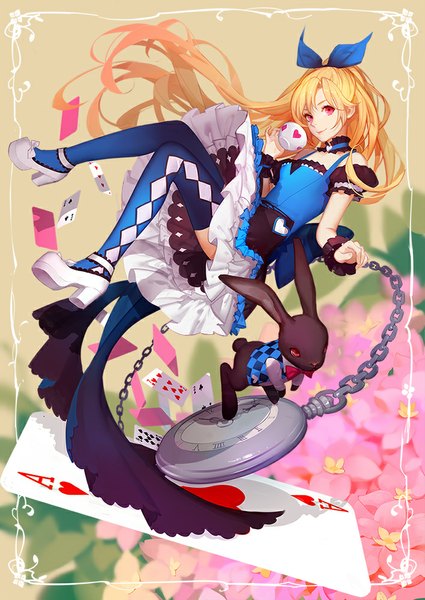 Anime picture 708x1000 with alice in wonderland alice (wonderland) ask (askzy) long hair tall image looking at viewer blonde hair smile red eyes full body legs girl dress bow hair bow animal shoes clock bunny card (cards)