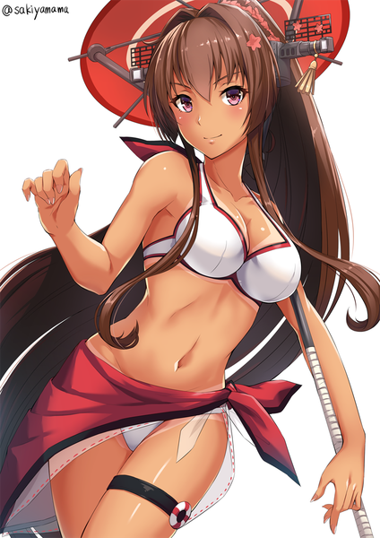 Anime picture 800x1131 with kantai collection yamato super battleship sakiyamama single tall image looking at viewer blush fringe breasts light erotic simple background smile hair between eyes brown hair standing white background purple eyes bare shoulders holding signed