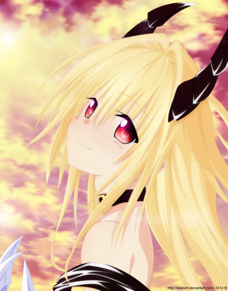 Anime picture 1500x1913 with toloveru toloveru darkness xebec konjiki no yami isseiart single long hair tall image blush blonde hair smile red eyes bare shoulders sky cloud (clouds) looking back horn (horns) coloring girl collar