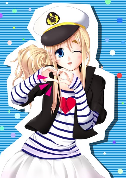 Anime picture 1414x2000 with k-on! kyoto animation kotobuki tsumugi fule single tall image blue eyes blonde hair smile one eye closed wink side ponytail heart hands heart print girl heart flat cap