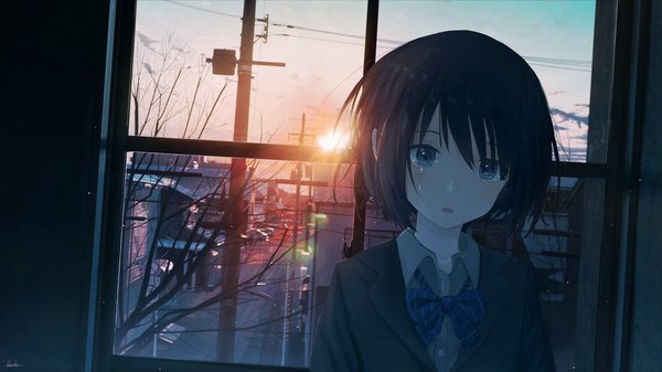 Anime picture 5000x2813 with original banishment single looking at viewer fringe highres short hair open mouth blue eyes black hair hair between eyes wide image absurdres sky upper body indoors tears city evening sunset