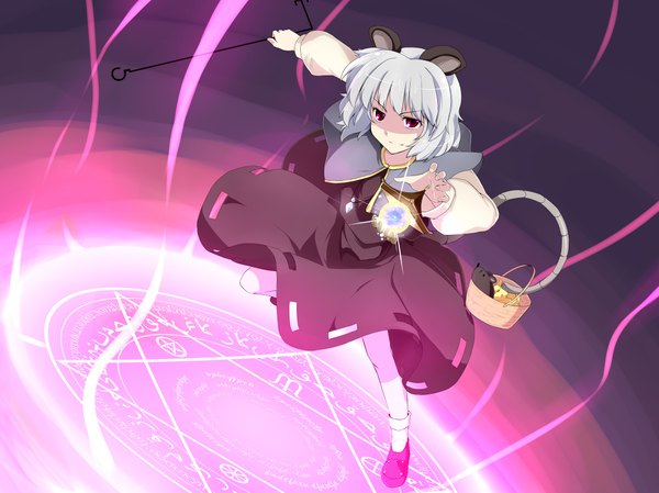 Anime picture 2199x1649 with touhou nazrin batsu single highres short hair animal ears silver hair full body bent knee (knees) tail animal tail pink eyes magic shaded face mouse ears mouse tail girl animal magic circle
