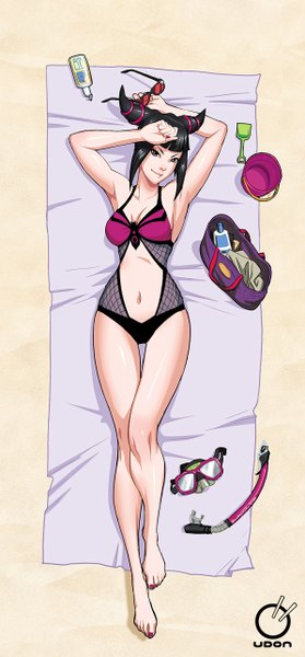 Anime picture 598x1283 with street fighter capcom han juri arnistotle single tall image looking at viewer fringe short hair breasts light erotic black hair smile purple eyes bent knee (knees) lying from above armpit (armpits) on back legs