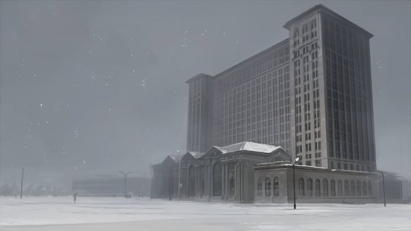 Anime picture 1280x720 with original seo tatsuya wide image snowing winter snow no people fog building (buildings) lantern train station
