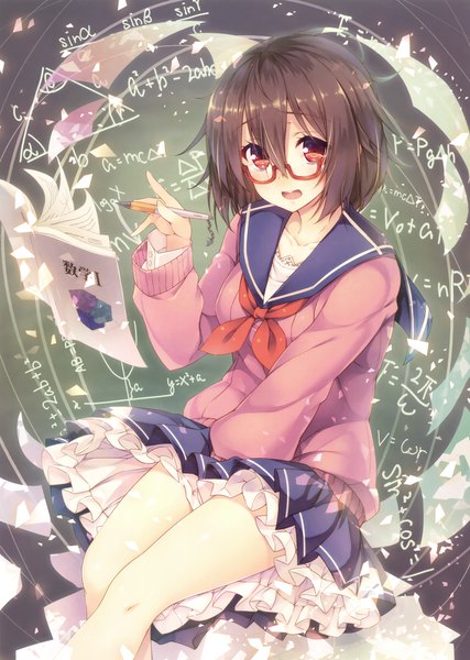Anime picture 2489x3500 with original rozea (graphmelt) single tall image looking at viewer highres short hair open mouth red eyes brown hair scan official art girl skirt uniform glasses serafuku paper