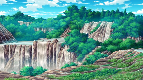 Anime picture 2048x1152 with guardian place skyfish (studio) highres wide image game cg sky cloud (clouds) mountain landscape plant (plants) tree (trees)