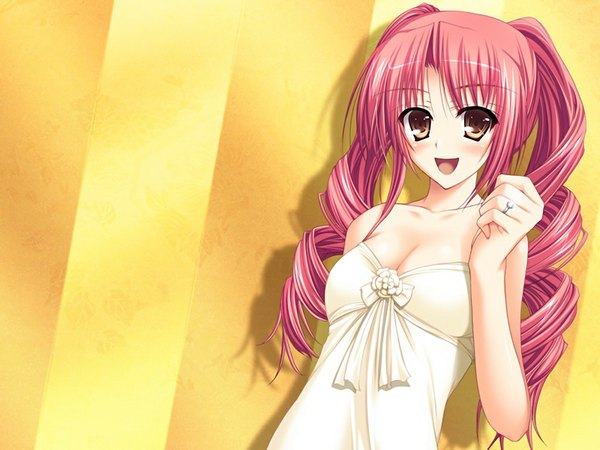 Anime picture 1024x768 with boku to kyoku ane to umi no year (game) long hair blush smile yellow eyes game cg red hair girl dress white dress