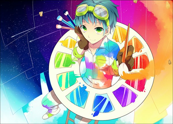 Anime picture 1000x716 with original achiki single looking at viewer short hair smile green eyes aqua hair painting boy gloves goggles paintbrush paint art brush palette