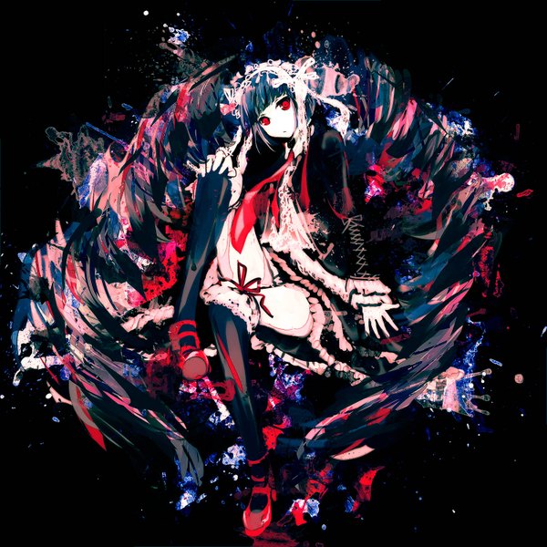 Anime picture 1500x1500 with original meola single looking at viewer short hair black hair red eyes loli pale skin lolita fashion goth-loli gothic abstract girl thighhighs hair ornament black thighhighs socks necktie black socks