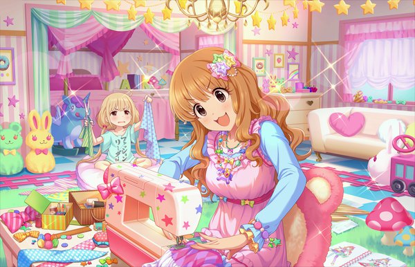 Anime picture 1280x824 with idolmaster idolmaster cinderella girls idolmaster cinderella girls starlight stage futaba anzu moroboshi kirari long hair blush breasts open mouth blonde hair sitting multiple girls brown eyes ahoge bent knee (knees) :d arm up orange hair light :3