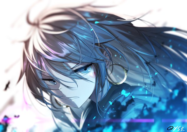 Anime picture 1200x848 with original qian ye (qys3) qys3 single long hair looking at viewer fringe blue eyes hair between eyes brown hair signed payot upper body blurry floating hair facial mark shaded face face serious clenched teeth
