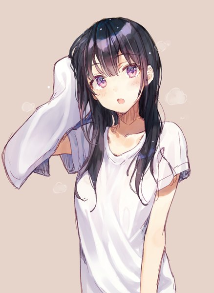 Anime picture 730x1000 with original rimo single long hair tall image fringe open mouth purple eyes looking away blunt bangs arm up wet girl t-shirt towel