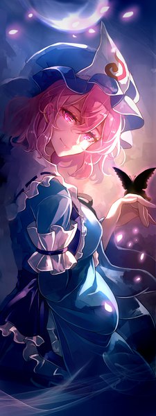Anime-Bild 400x1063 mit touhou saigyouji yuyuko 60mai single tall image looking at viewer fringe short hair hair between eyes pink hair traditional clothes japanese clothes pink eyes wide sleeves butterfly on hand girl hat petals frills insect