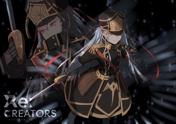 Anime picture 4960x3507 with re:creators altair (re:creators) zuosi zhichu long hair fringe highres hair between eyes red eyes looking away absurdres silver hair copyright name multiview military hat over eyes girl uniform weapon hat sword