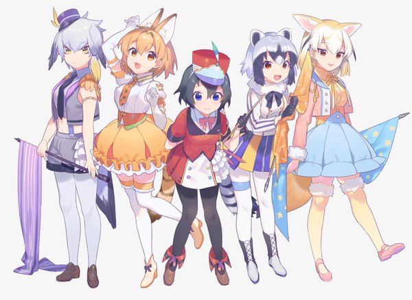 Anime picture 1700x1242 with kemono friends serval (kemono friends) shoebill (kemono friends) kaban (kemono friends) fennec (kemono friends) common raccoon (kemono friends) heiwa (murasiho) looking at viewer fringe short hair open mouth blue eyes black hair simple background blonde hair smile hair between eyes standing multiple girls holding
