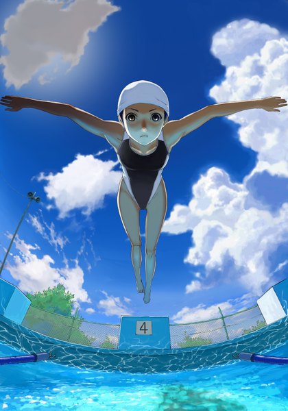 Anime picture 1230x1755 with original kaku choushi single tall image black hair bare shoulders brown eyes sky cloud (clouds) barefoot sunlight bare legs spread arms jumping sunbeam girl uniform swimsuit water gym uniform
