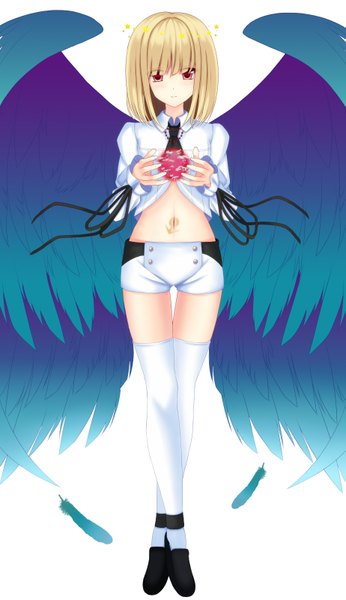 Anime picture 923x1597 with beatmania beatmania iidx rche (beatmania) megimegyo single tall image looking at viewer blush short hair simple background blonde hair red eyes white background light smile girl thighhighs navel white thighhighs wings shorts