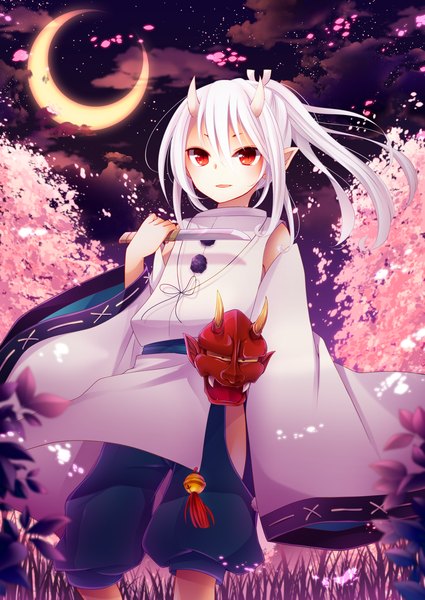 Anime picture 1000x1411 with original goma (11zihisin) single long hair tall image open mouth smile red eyes sky cloud (clouds) white hair ponytail long sleeves horn (horns) pointy ears cherry blossoms crescent girl plant (plants) detached sleeves