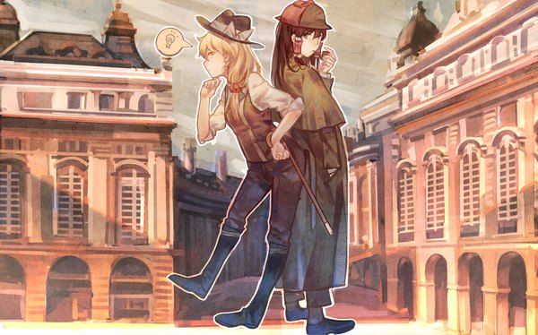 Anime picture 1604x1000 with sherlock holmes (series) sherlock (bbc) touhou hakurei reimu kirisame marisa zicai tang long hair looking at viewer fringe blonde hair hair between eyes brown hair wide image standing multiple girls holding brown eyes yellow eyes payot full body