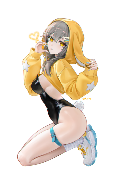 Anime picture 1750x2750 with honkai: star rail honkai (series) trailblazer (honkai: star rail) stelle (honkai: star rail) rity single long hair tall image looking at viewer fringe highres breasts light erotic simple background hair between eyes white background signed animal ears yellow eyes full body