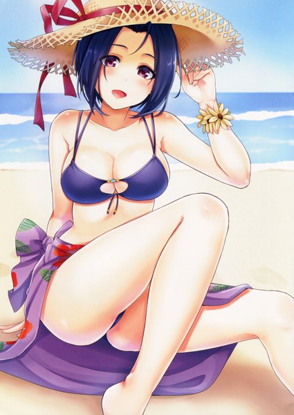 Anime picture 2127x3006 with idolmaster miura azusa k.y ko single tall image looking at viewer blush highres short hair breasts open mouth light erotic large breasts sitting purple eyes blue hair sky cleavage bent knee (knees) outdoors