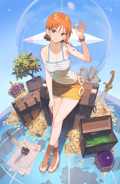 Anime-Bild 917x1400 mit one piece toei animation nami (one piece) hks (timbougami) single tall image looking at viewer short hair breasts smile large breasts holding cleavage full body head tilt orange hair bare legs orange eyes tattoo sleeveless