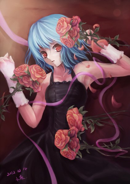 Anime picture 1126x1600 with touhou cirno single tall image looking at viewer short hair open mouth red eyes blue hair lying girl dress gloves flower (flowers) ribbon (ribbons) petals rose (roses)
