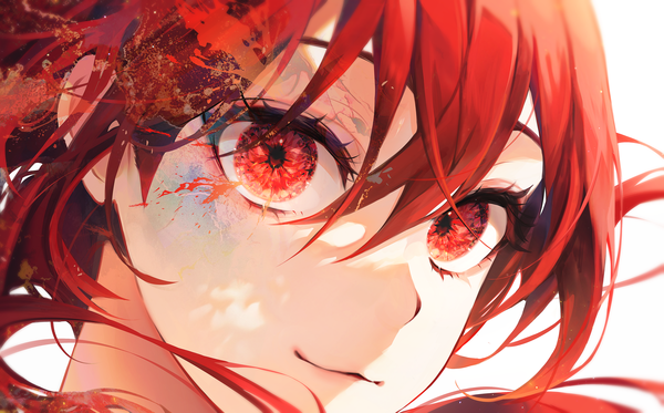 Anime picture 4605x2866 with original 58 (opal 00 58) single long hair looking at viewer fringe highres hair between eyes red eyes wide image absurdres red hair light smile face girl