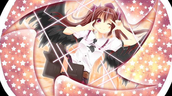 Anime picture 2576x1449 with touhou himekaidou hatate yuzutei single long hair blush highres smile red eyes brown hair wide image twintails one eye closed wink girl hat shirt wings