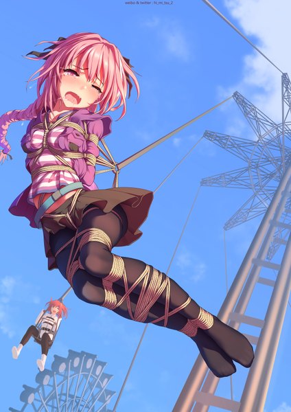Anime picture 2480x3507 with fate (series) fate/grand order fate/apocrypha fujimaru ritsuka (female) astolfo (fate) tokinohimitsu long hair tall image blush fringe highres open mouth light erotic hair between eyes sitting multiple girls signed pink hair sky cloud (clouds)