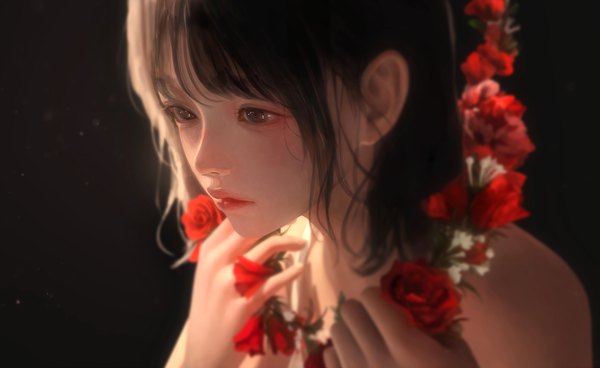 Anime picture 1632x1000 with original shale single fringe short hair black hair simple background wide image looking away upper body blunt bangs lips black eyes blurry realistic black background sad girl flower (flowers) rose (roses)