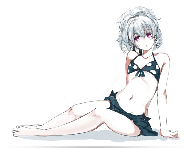 Anime picture 1360x1080 with darker than black studio bones yin (darker than black) saberiii single long hair looking at viewer open mouth light erotic simple background white background sitting purple eyes bare shoulders silver hair ponytail barefoot bare legs girl navel